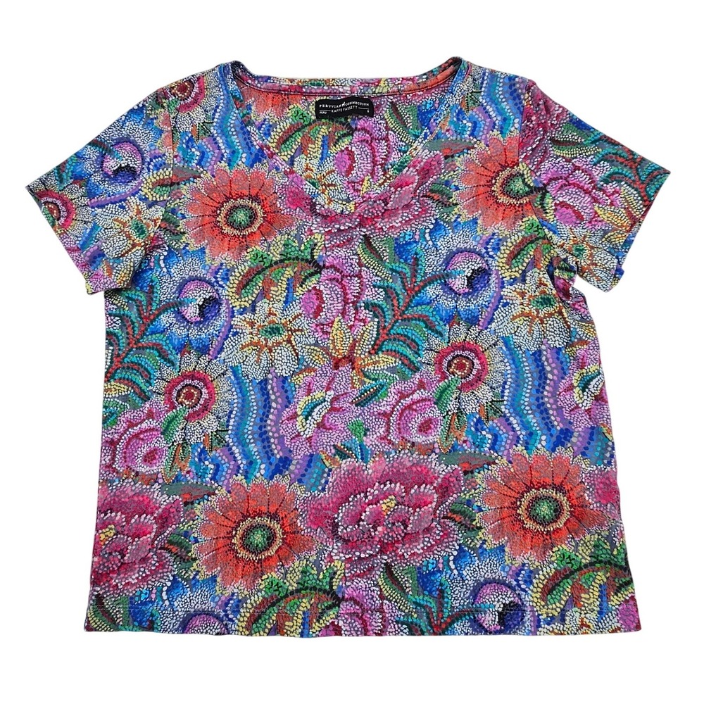 Peruvian Connection Kaffe Fassett Pima Cotton V-Neck Floral Top Small Multi